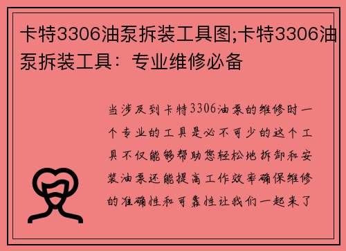卡特3306油泵拆装工具图;卡特3306油泵拆装工具：专业维修必备
