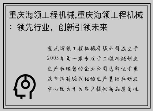 重庆海领工程机械,重庆海领工程机械：领先行业，创新引领未来