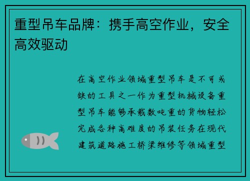 重型吊车品牌：携手高空作业，安全高效驱动